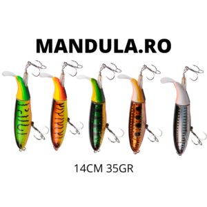 Set 5 voblere Whopper Plopper Romania suprafata cu coada rotativa pentru stiuca 14cm 35gr whopper plopper 14cm