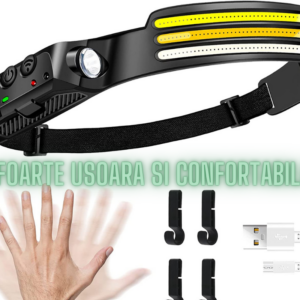 Lanterna de cap LED profesionala Fishingbox cu 3 benzi LED COB si XPE, acumulator de 1200mAh, rezistenta la apa, ideala pentru camping, pescuit si vanatoare, type C, 800 lumeni, frontala Lanterna de cap LED profesionala Fishingbox cu 3 benzi LED COB si XPE, acumulator de 1200mAh, rezistenta la apa, ideala pentru camping, pescuit si vanatoare, type C, 800 lumeni, frontala