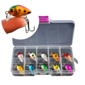 Set 10 micro voblere FISHINGBOX, 3 cm, 1.8 g, naluci pescuit la clean biban pastrav, cutie de transport