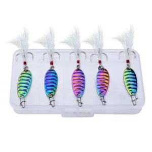 Set 5 momeli pescuit la adancime Fishingbox, 5 gramaje diferite, culoarea curcubeu reflectorizant, ancore cu pene