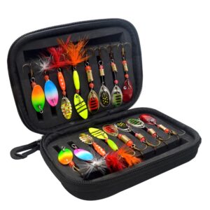 Set 16 spinnere lingurite rotative pescuit la spinning FishingBox cu geanta portabila de transport, pescuit la pastrav, 3g - 5.2g