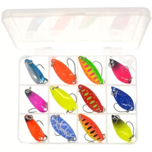 Set momeli Fishingbox 12 lingurite metalice lucioase pentru pescuit la spinning in cutie, 12 buc