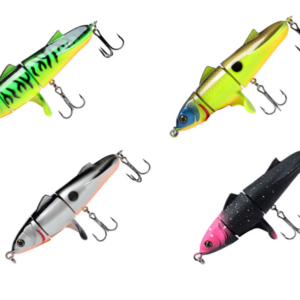 Set 4 Voblere cu coada rotativa 360 grade cu 3 sectiuni 11cm 24g, articulatii multiple, momeala bionica pentru apa dulce si sarata, ochi 3D si 2 acore triple, naluca cu scufundare lenta, model 5 set 4 voblere 3 segmente plopper cu elice
